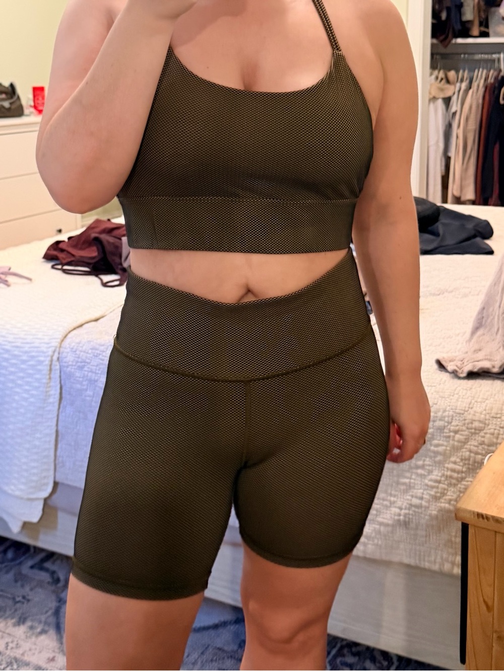 High-Waist Olive Green Textured Active Shorts & Bra Set
